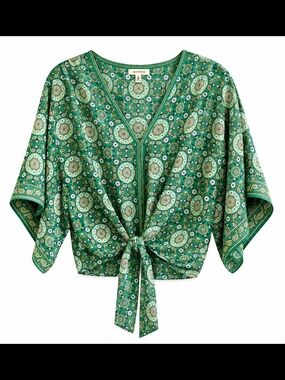 Max Studio Green Printed Tie-Front Kimono Blouse